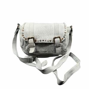 Platania Genuine Leather Studded Crossbody Bag Gray Woven Flap Italy